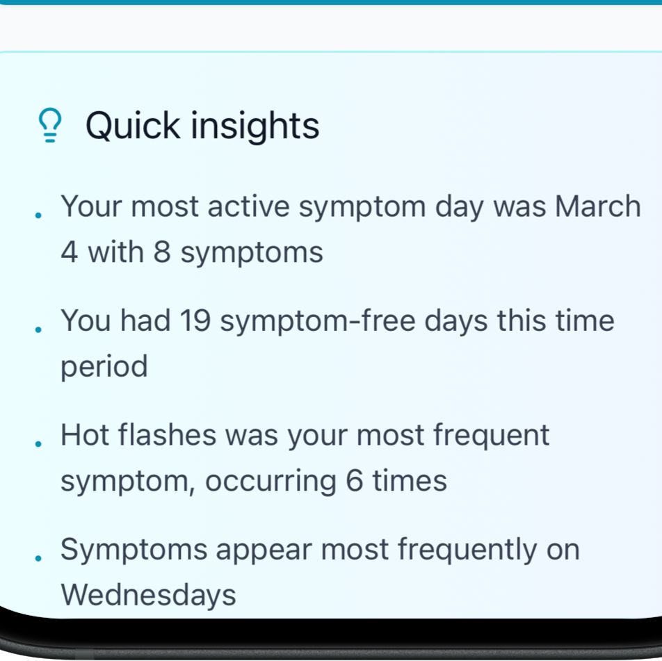 Screenshot from The Change Log app’s Trends page. It’s a section labeled “Quick insights” and lists the following bulletpoints: "Your most active symptom day was March 4 with 8 symptoms,” “You had 19 symptom-free days this time period,” “Hot flashes was yo